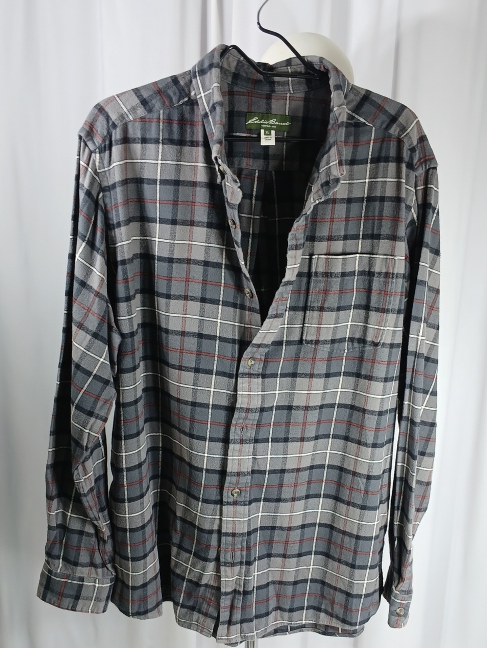 Eddie Bauer mens Gray Plaid Button-Down flannel Shirt with orange Accents